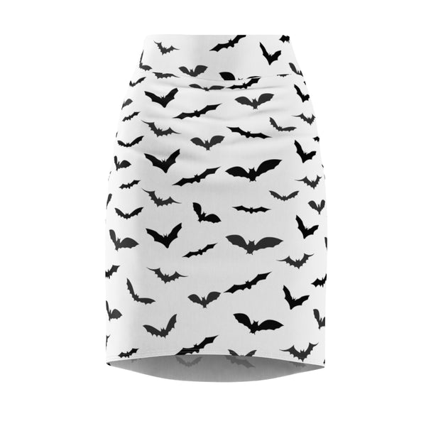 Bats Print Women's Pencil Skirt, Black White Halloween Skirt- Made in USA(Size: XS-2XL)-Pencil Skirt-Heidi Kimura Art LLC