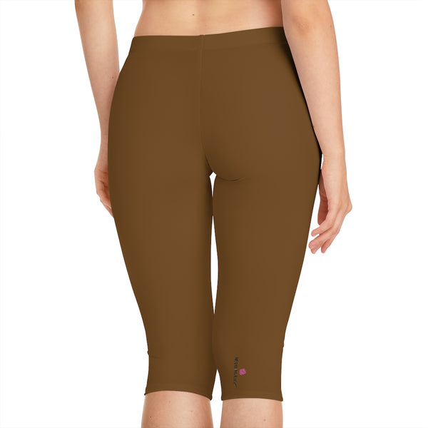 Brown Color Women's Capri Leggings, Knee-Length Polyester Capris Tights-Made in USA (US Size: XS-2XL)