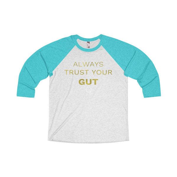 Motivational Unisex Tee, Tri-Blend 3/4 Raglan T-Shirt With Inspirational Quote -Made in USA-Long-sleeve-S-Tahiti Blue / Heather White-Heidi Kimura Art LLC