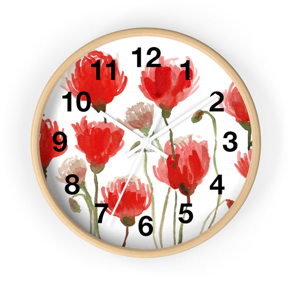 Red Poppy Floral Wall Clock,  Best Numeric Floral 10 inch Diameter Flower Wall Clock-Made in USA, Large Round Wood Girl Children Bedroom Wall Clock