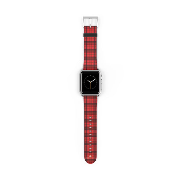 Scottish Red Tartan Plaid Print 38mm/42mm Watch Band For Apple Watch- Made in USA-Watch Band-38 mm-Silver Matte-Heidi Kimura Art LLC