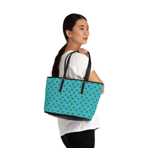 Blue Clovers Tote Bag, PU Leather Shoulder Hand Work Bag