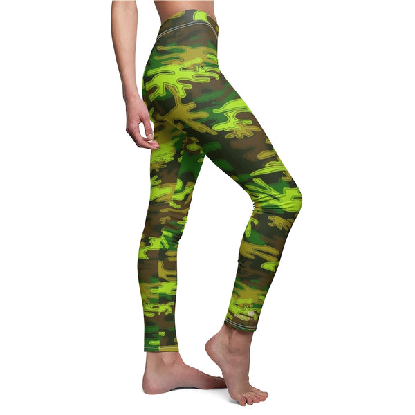 Green Camo Camouflage Army Print Women's Dressy Long Casual Leggings-Made in USA-Casual Leggings-White Seams-M-Heidi Kimura Art LLC