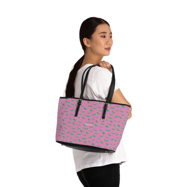 Pink Green Crane Tote Bag, Best Stylish Fashionable Printed PU Leather Shoulder Large Spacious Durable Hand Work Bag 17"x11"/ 16"x10" With Gold-Color Zippers & Buckles & Mobile Phone Slots & Inner Pockets, All Day Large Tote Luxury Best Sleek and Sophisticated Cute Work Shoulder Bag For Women With Outside And Inner Zippers