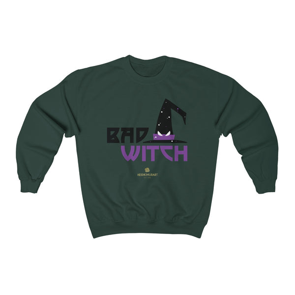 Halloween Sweatshirt, Bad Witch Unisex Heavy Blend Crewneck Shirt-Made in USA (US Size: S-5XL)-Long-sleeve-Forest Green-S-Heidi Kimura Art LLC