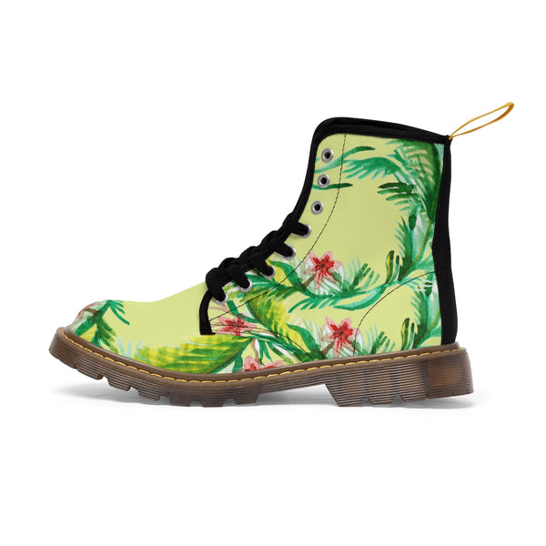 Designer Vintage-Style Light Yellow Floral Print Women's Nylon Canvas Winter Boots-Women's Boots-Heidi Kimura Art LLC