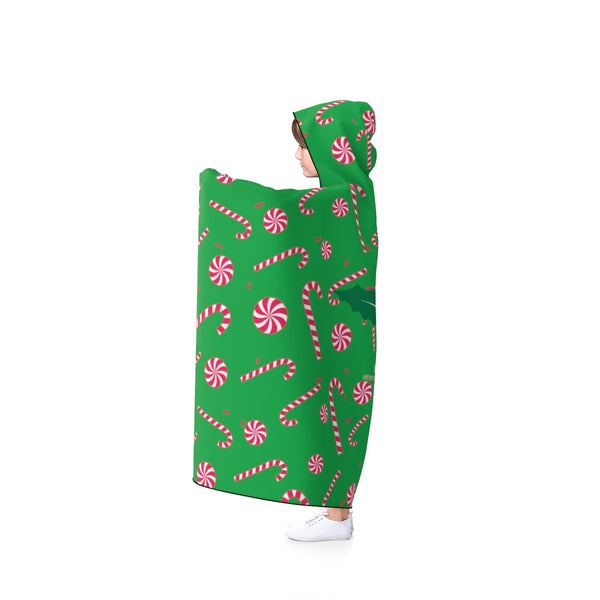 Green Cozy Christmas Red Sugar Cane 50"x40", 80"x56" Holiday Party Hooded Blanket-Hooded Blanket-Heidi Kimura Art LLC
