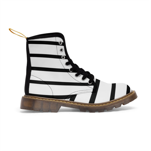 Striped Women's Canvas Boots, Modern White Black Stripes Print Winter Boots For Ladies-Shoes-Printify-Heidi Kimura Art LLC