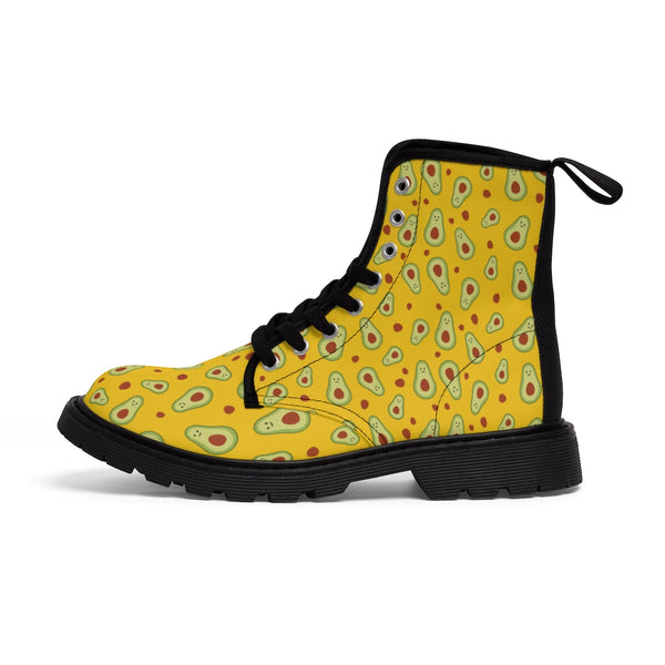 Avocado Women's Canvas Boots, Yellow Winter Laced Up Combat Boots For Vegan Loving Ladies-Women's Boots-Printify-ArtsAdd-Heidi Kimura Art LLC