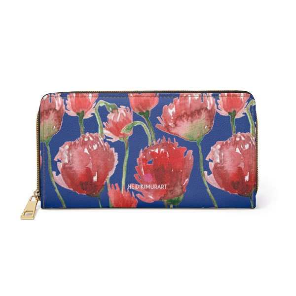 Blue Red Tulips Zipper Wallet, Colorful Red Tulips Flower Print Best Long Compact Cruelty Free Faux Leather High Quality Cardholders Wallet For Women, One Size 7.9"x4.3"x.98"