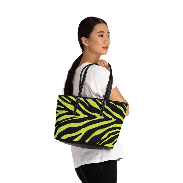 Yellow Zebra Tote Bag, Zebra Striped Yellow and Black Animal Print PU Leather Shoulder Large Spacious Durable Hand Work Bag 17"x11"/ 16"x10" With Gold-Color Zippers & Buckles & Mobile Phone Slots & Inner Pockets, All Day Large Tote Luxury Best Sleek and Sophisticated Cute Work Shoulder Bag For Women With Outside And Inner Zippers