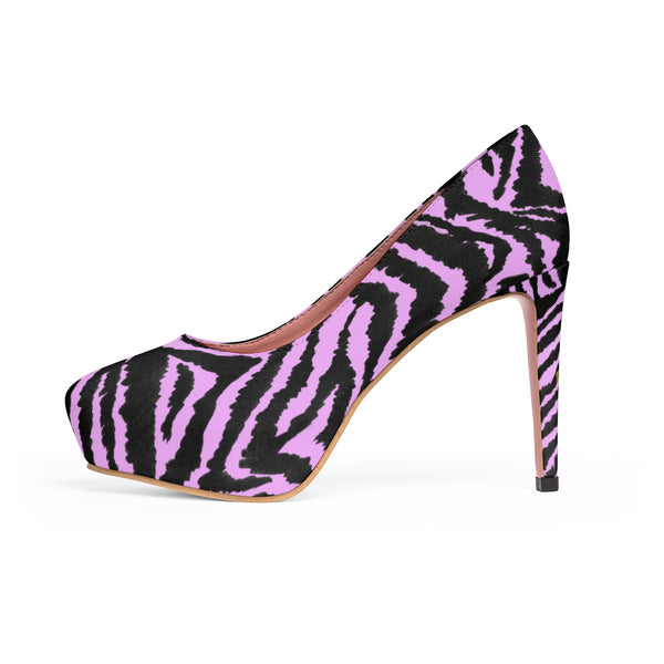 Pink Zebra Black White Stripe Animal Print Women's Platform Heels Pumps Shoes-4 inch Heels-Heidi Kimura Art LLC