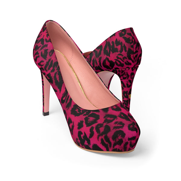 Hot Pink Snow Leopard Animal Print Women's Platform Heels Pumps (US Size: 5-11)-4 inch Heels-Heidi Kimura Art LLC
