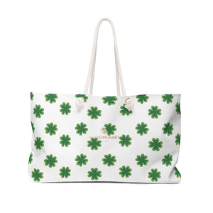 White Green Clover Print St. Patrick's Day Designer Large Weekender Tote Bag- Made in USA-Weekender Bag-24x13-Heidi Kimura Art LLC