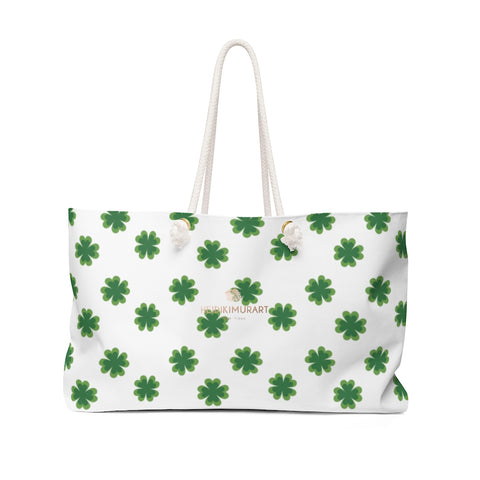 White Green Clover Print St. Patrick's Day Designer Large Weekender Tote Bag- Made in USA-Weekender Bag-24x13-Heidi Kimura Art LLC