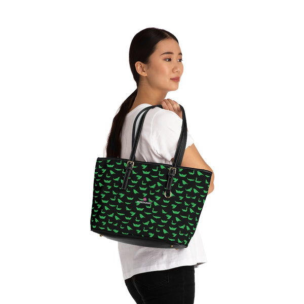 Green Crane Black Tote Bag, Best Stylish Fashionable Printed PU Leather Shoulder Large Spacious Durable Hand Work Bag 17"x11"/ 16"x10" With Gold-Color Zippers & Buckles & Mobile Phone Slots & Inner Pockets, All Day Large Tote Luxury Best Sleek and Sophisticated Cute Work Shoulder Bag For Women With Outside And Inner Zippers