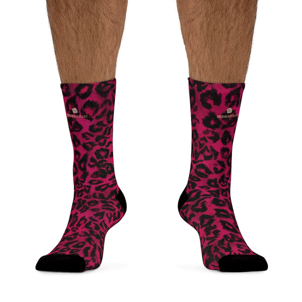 Hot Pink Leopard Animal Print One-Size 200 Needle Premium Crew Knit Socks- Made in USA-All Over Prints-One size-Heidi Kimura Art LLC