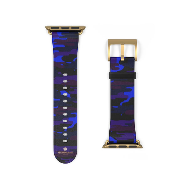 Purple Blue Dark Camo Camouflage Print Watch Band For Apple Watches- Made in USA-Watch Band-38 mm-Gold Matte-Heidi Kimura Art LLC