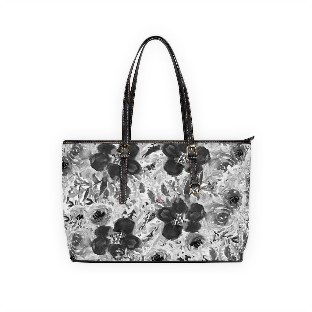 Grey Floral Rose Tote Bag, Grey Flower Print Best Stylish Flower Printed PU Leather Shoulder Large Spacious Durable Hand Work Bag 17"x11"/ 16"x10" With Gold-Color Zippers & Buckles & Mobile Phone Slots & Inner Pockets, All Day Large Tote Luxury Best Sleek and Sophisticated Cute Work Shoulder Bag For Women With Outside And Inner Zippers