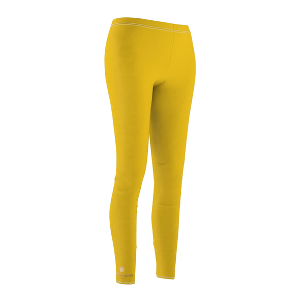 Lemon Yellow Solid Color Print Women's Dressy Long Casual Leggings- Made in USA-All Over Prints-Heidi Kimura Art LLC