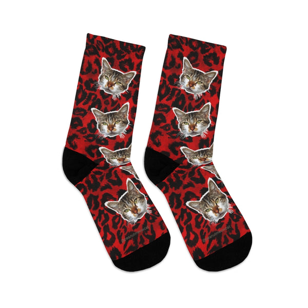 Red Leopard Cat Print Socks, Calico Cat Animal Print One-Size Knit Socks- Made in USA-Socks-One size-Heidi Kimura Art LLC