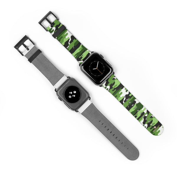 Green & White Camo Print 38mm/42mm Watch Band For Apple Watch- Made in USA-Watch Band-38 mm-Black Matte-Heidi Kimura Art LLC