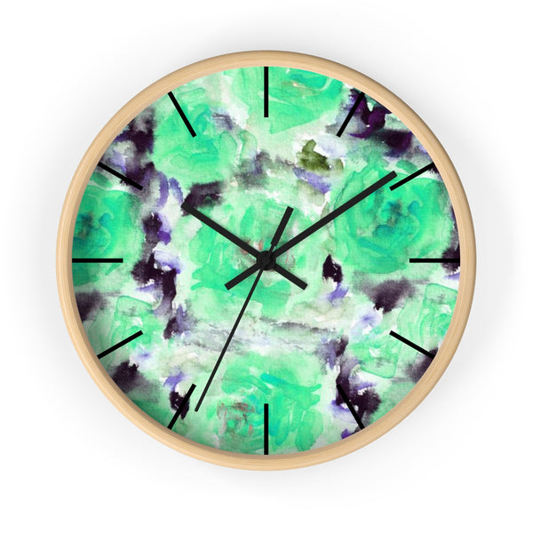 Turquoise Blue Floral Print Abstract Rose 10" Diameter Wall Clock - Made in USA-Wall Clock-Wooden-Black-Heidi Kimura Art LLC