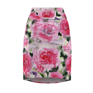 Pink Misty Rose Floral Designer Women's Mid-Waist Pencil Skirt - Made in USA-Pencil Skirt-L-Heidi Kimura Art LLC