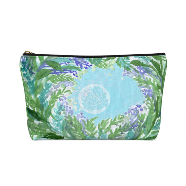 Blue Floral Print Accessory Pouch with T-bottom, French Lavender Floral Designer Makeup Bag-Accessory Pouch-Heidi Kimura Art LLC