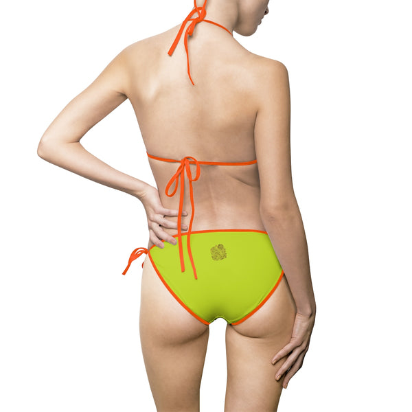 Bright Lime Green Solid Color Print Women's 2-pc Bikini Swimsuit Top Bottom Set-Bikini-Heidi Kimura Art LLC