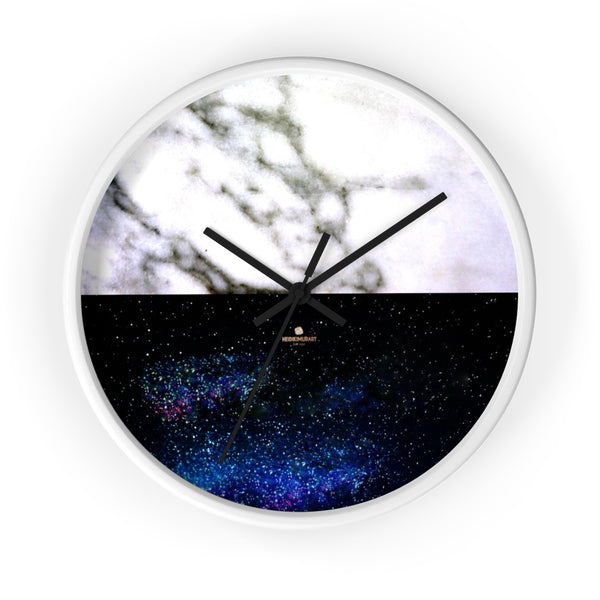 Galaxy White Marble Print Premium Art 10" diameter Wall Clock-Made in USA-Wall Clock-10 in-White-Black-Heidi Kimura Art LLC