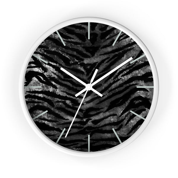 Black Tiger Stripe Wall Clock, Tiger Faux Fur Pattern Print 10" Dia. Walll Clock - Made in USA-Wall Clock-White-White-Heidi Kimura Art LLC