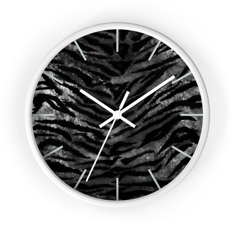 Black Tiger Stripe Wall Clock, Tiger Faux Fur Pattern Print 10" Dia. Walll Clock - Made in USA-Wall Clock-White-White-Heidi Kimura Art LLC