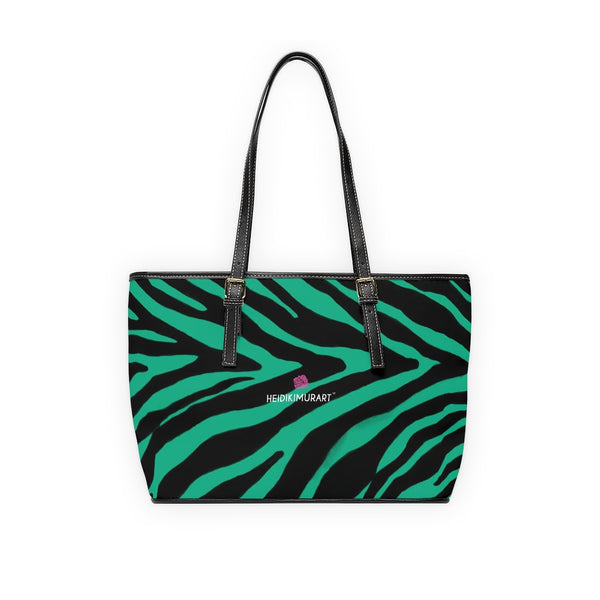 Green Zebra Tote Bag, Zebra Striped Green and Black Animal Print PU Leather Shoulder Large Spacious Durable Hand Work Bag 17"x11"/ 16"x10" With Gold-Color Zippers & Buckles & Mobile Phone Slots & Inner Pockets, All Day Large Tote Luxury Best Sleek and Sophisticated Cute Work Shoulder Bag For Women With Outside And Inner Zippers