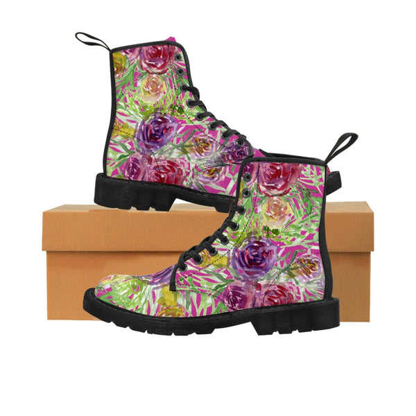 Yellow Pink Floral Women's Boots, Flower Rose Print Elegant Feminine Casual Fashion Gifts, Flower Rose Print Shoes For Rose Lovers, Combat Boots, Designer Women's Winter Lace-up Toe Cap Hiking Boots Shoes For Women (US Size 6.5-11)