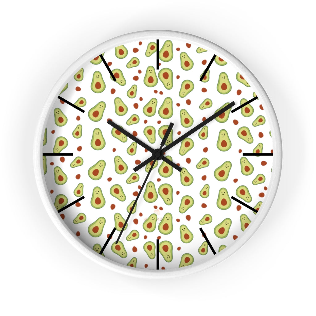 Avocado Print Large Wall Clocks, 10" Dia. Clock For Avocado Vegan Lovers- Made in USA-Wall Clock-10 in-White-Black-Heidi Kimura Art LLC