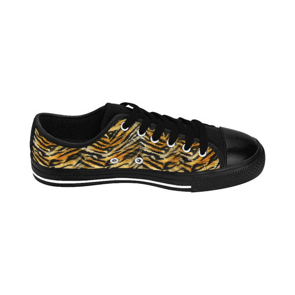 Orange Tiger Striped Men's Low Tops, Animal Print Men's Low Top Sneakers Running Shoes-Men's Low Top Sneakers-Heidi Kimura Art LLC