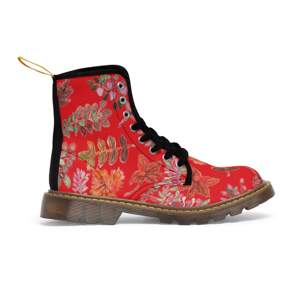 Red Fall Leaves Women's Boots, Autumn Fall Leaves Print Women's Boots, Combat Boots, Designer Women's Winter Lace-up Toe Cap Hiking Boots Shoes For Women (US Size 6.5-11) Fall Leaves Fashion Canvas Shoes, Fall Leaves Print Winter Boots, Autumn Leaves Printed Boots For Ladies, Colorful Boots For Women