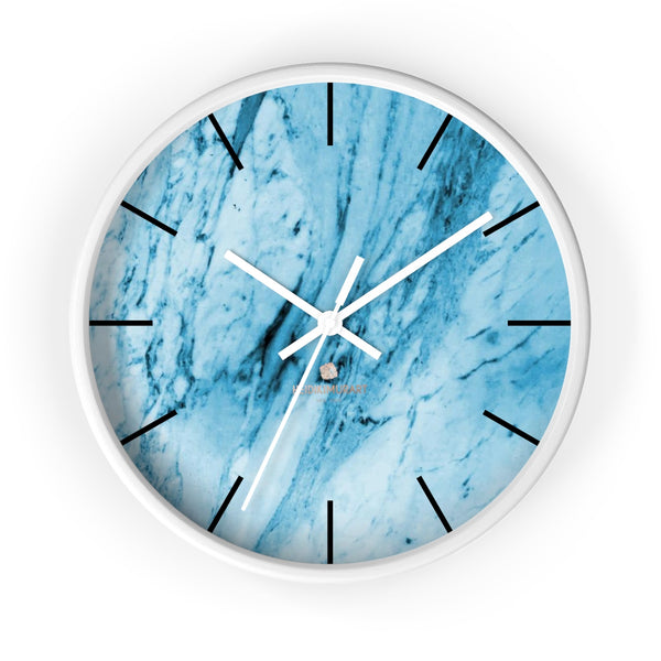 Blue White Marble Print Art Large Indoor 10" inch dia. Designer Wall Clock-Made in USA-Wall Clock-10 in-White-White-Heidi Kimura Art LLC