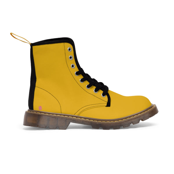 Yellow Women's Canvas Boots, Bright Yellow Solid Color Print Winter Laced Up Designer Boots For Women