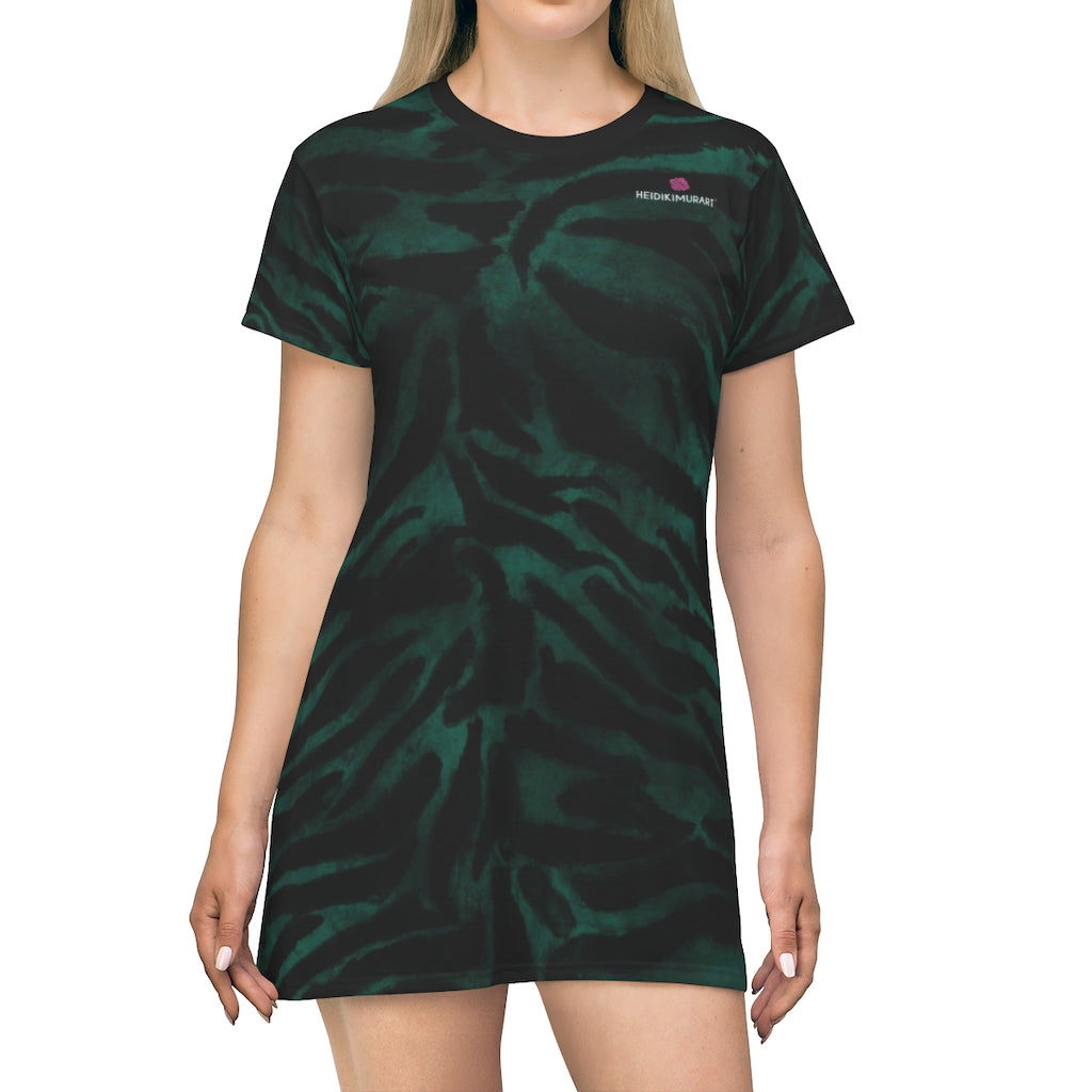 green dress with tigers Green Tiger Print Maxi Dress for Women, Bold Boho Cotton Dress, Oversized Statement Midi Dress, Jungle Safari Vacation Outfit