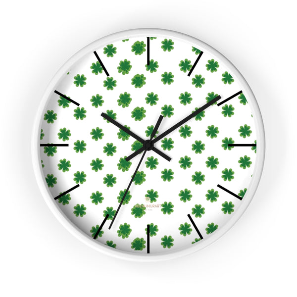 Green Clover Irish St. Patrick's Day Print Large Unique 10" Diameter Wall Clocks- Made in USA-Wall Clock-10 in-White-Black-Heidi Kimura Art LLC