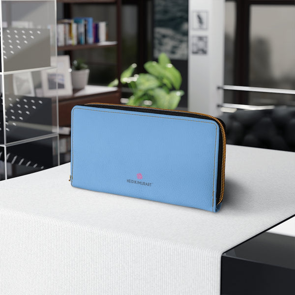 Pastel Blue Color Zipper Wallet, Solid Blue Color Best 7.87" x 4.33" Luxury Cruelty-Free Faux Leather Women's Wallet & Purses Compact High Quality Nylon Zip & Metal Hardware, Luxury Long Wallet With Cardholders For Modern Women