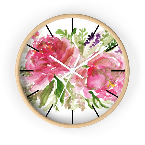 Pink Spring Rose Floral Print Flower 10 inch Diameter Flower Wall Clock - Made in USA-Wall Clock-Wooden-White-Heidi Kimura Art LLC