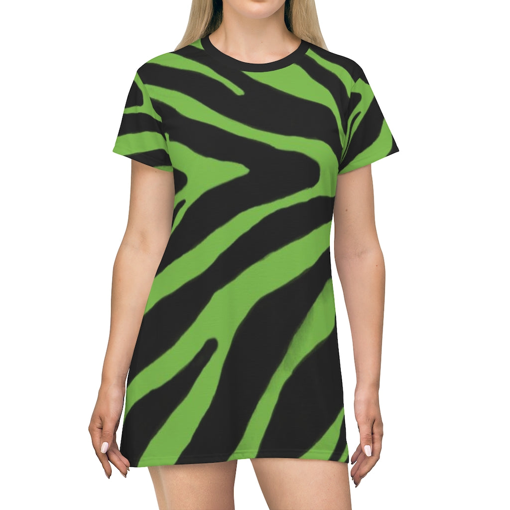 Green Zebra Print T-Shirt Dress, Zebra Animal Print Crew Neck Long Tee  Shirt Dress - Made in USA