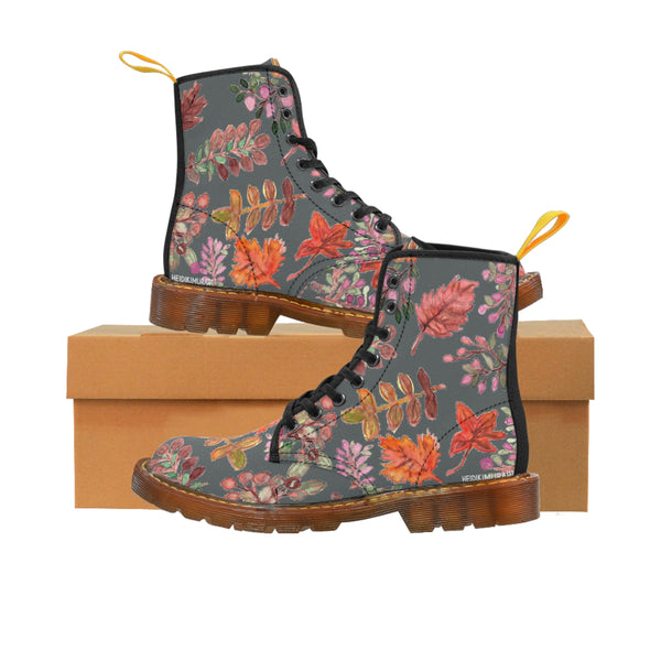 Grey Fall Leaves Women's Boots, Autumn Fall Leaves Print Women's Boots, Combat Boots, Designer Women's Winter Lace-up Toe Cap Hiking Boots Shoes For Women (US Size 6.5-11) Fall Leaves Fashion Canvas Shoes, Fall Leaves Print Winter Boots, Autumn Leaves Printed Boots For Ladies, Colorful Boots For Women