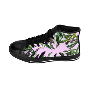Light Pink Green Tropical Leaf Print Designer Men's High-top Sneakers Tennis Shoes-Men's High Top Sneakers-Black-US 9-Heidi Kimura Art LLC