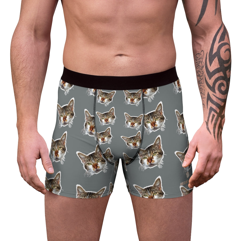 Dark Grey/ Gray Cat Print Men's Underwear, Cute Cat Boxer Briefs For Men, Sexy Hot Men's Boxer Briefs Hipster Lightweight 2-sided Soft Fleece Lined Fit Underwear - (US Size: XS-3XL) Cat Boxers For Men/ Guys, Men's Boxer Briefs Cute Cat Print Underwear
