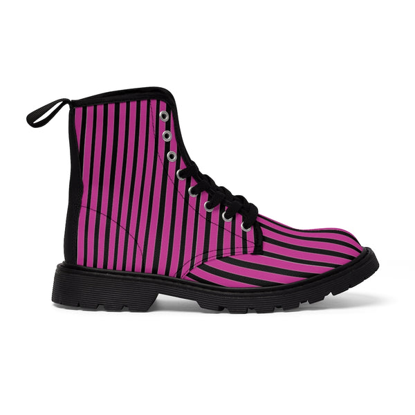 Pink Striped Print Men's Boots, Black Stripes Best Hiking Winter Boots Laced Up Shoes For Men-Shoes-Printify-Heidi Kimura Art LLCPink Striped Print Men's Boots, Black Pink Stripes Men's Canvas Hiking Winter Boots, Fashionable Modern Minimalist Best Anti Heat + Moisture Designer Comfortable Stylish Men's Winter Hiking Boots Shoes For Men (US Size: 7-10.5)