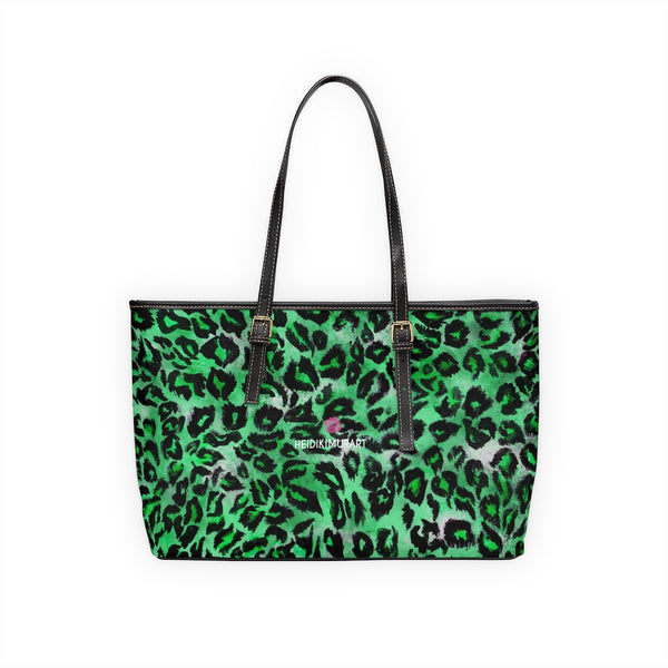 Green Leopard Print Tote Bag, Dark Green Best Stylish Leopard Animal Printed PU Leather Shoulder Large Spacious Durable Hand Work Bag 17"x11"/ 16"x10" With Gold-Color Zippers & Buckles & Mobile Phone Slots & Inner Pockets, All Day Large Tote Luxury Best Sleek and Sophisticated Cute Work Shoulder Bag For Women With Outside And Inner Zippers